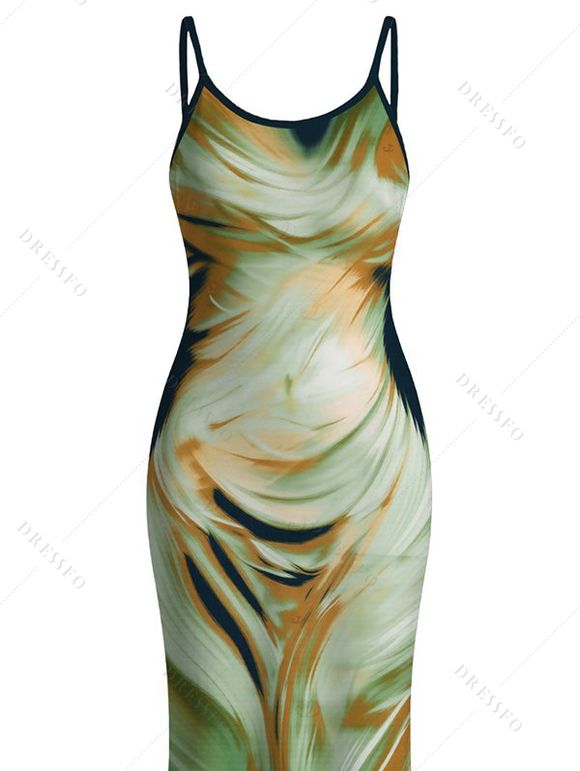 Vacation Dress Fluid Swirl Abstract Print Spaghetti Strap Maxi Bodycon Dress - Vert L | US 8-10