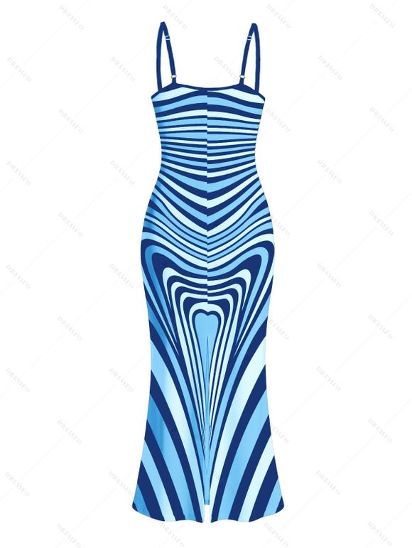 Bohemian Dress Colorblock Heart Shaped Swirl Geometric Print Spaghetti Strap Maxi Bodycon Dress - Bleu L | US 8-10