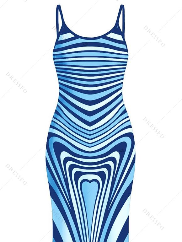 Bohemian Dress Colorblock Heart Shaped Swirl Geometric Print Spaghetti Strap Maxi Bodycon Dress - Bleu L | US 8-10