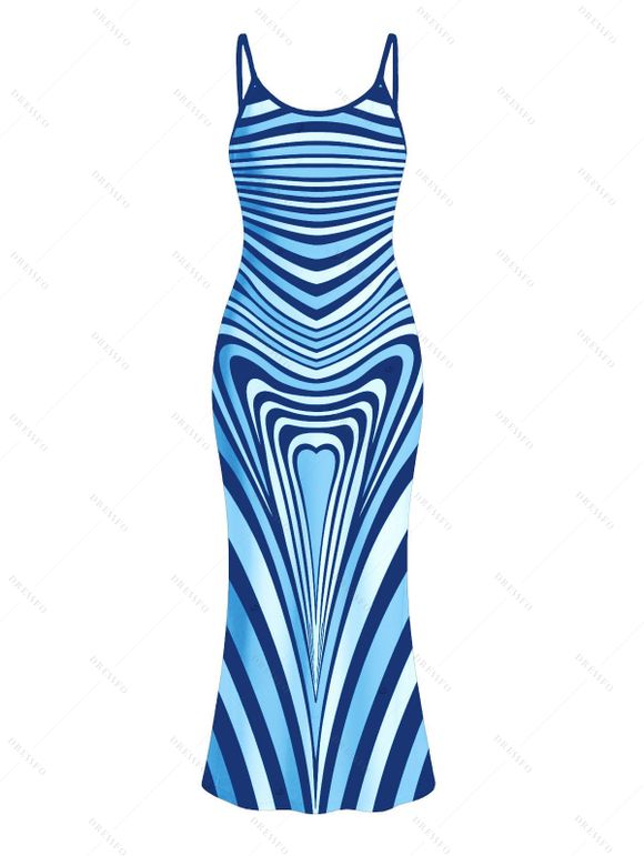 Bohemian Couple Outfit Colorblock Heart Shaped Swirl Geometric Print Spaghetti Strap Maxi Bodycon Dress and Shirt Set - Bleu S | US 4