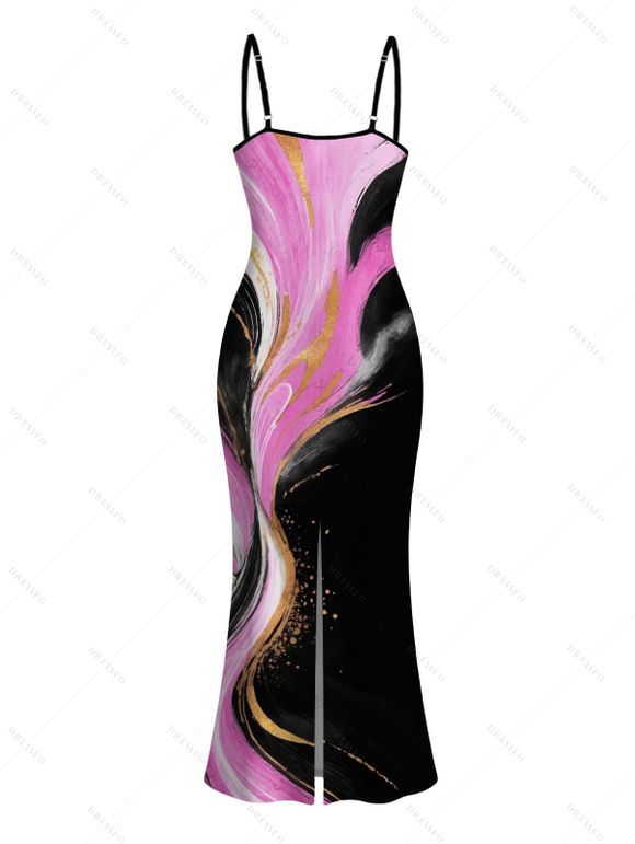 Vacation Dress Abstract Metallic Gold Ink Wash Print Spaghetti Strap Maxi Bodycon Dress - Noir XXL | US 14