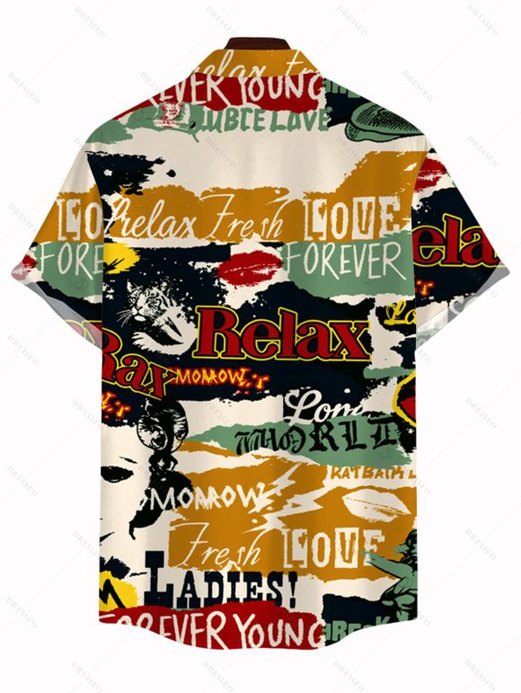 Men's Streetwear Shirt Vintage Graffiti Letter Lips Print Button Up Shirt - multicolor A 5XL