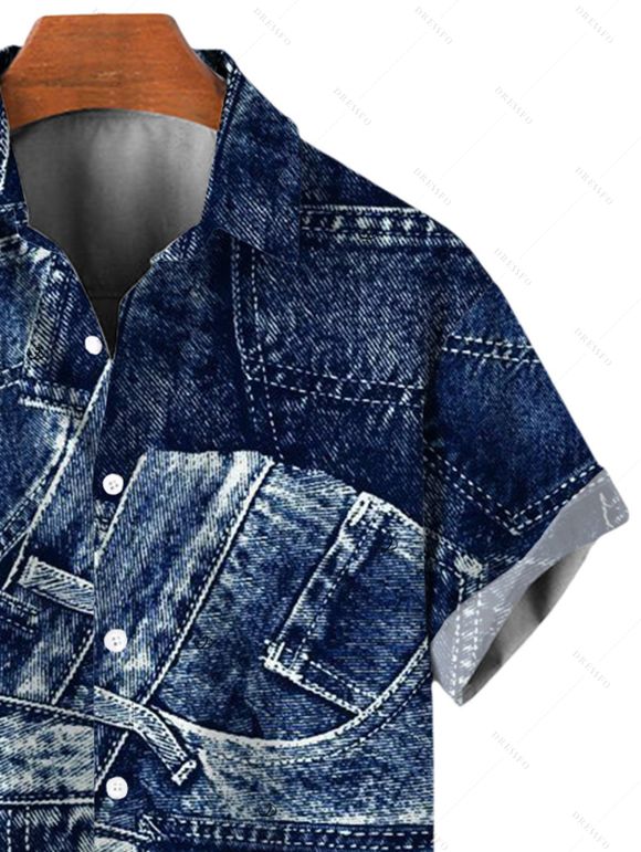 Men's Vacation Shirt 3D Faux Demin Patchwork Print Button Up Shirt - Bleu profond 5XL