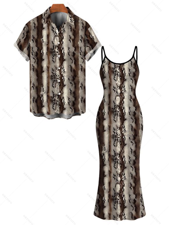 Vacation Couple Outfit Vintage Coffee Snake Skin Print Spaghetti Strap Maxi Bodycon Dress and Shirt Set - marron foncé S | US 4
