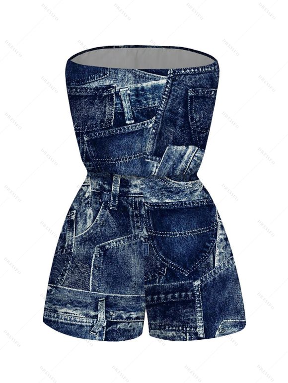 Vacation Romper 3D Faux Demin Patchwork Print Pocket Off the Shoulder Romper - Bleu profond XXL | US 14