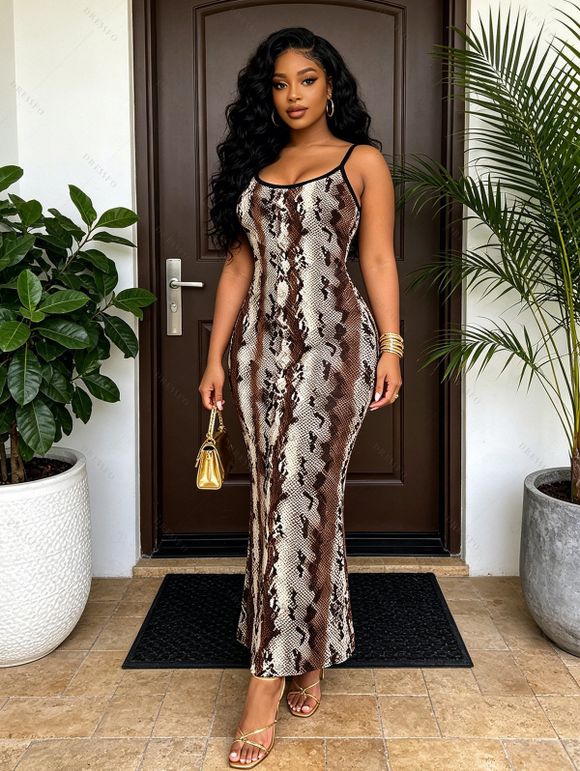 Vacation Couple Outfit Vintage Coffee Snake Skin Print Spaghetti Strap Maxi Bodycon Dress and Shirt Set - marron foncé S | US 4