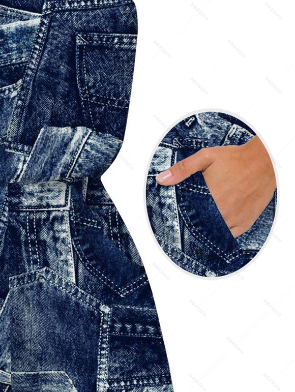 Vacation Romper 3D Faux Demin Patchwork Print Pocket Off the Shoulder Romper - Bleu profond XXL | US 14