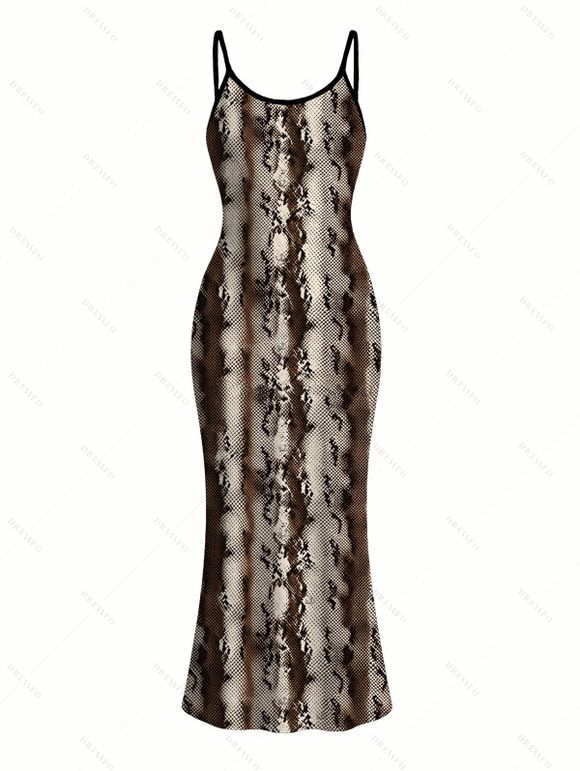 Vacation Couple Outfit Vintage Coffee Snake Skin Print Spaghetti Strap Maxi Bodycon Dress and Shirt Set - marron foncé S | US 4