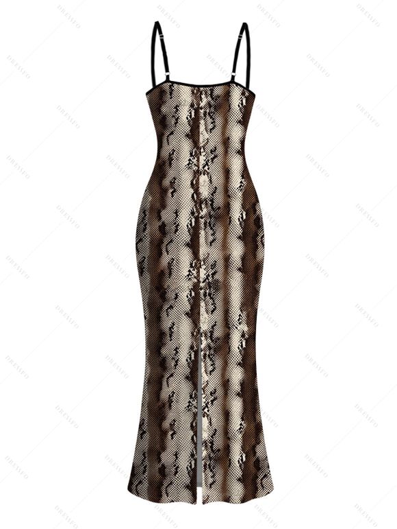 Vacation Couple Outfit Vintage Coffee Snake Skin Print Spaghetti Strap Maxi Bodycon Dress and Shirt Set - marron foncé S | US 4