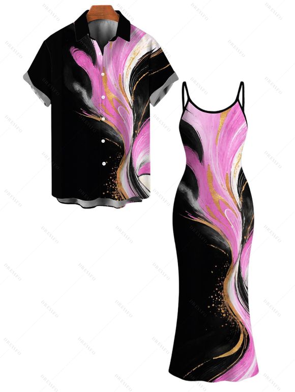 Vacation Couple Outfit Abstract Metallic Gold Ink Wash Print Spaghetti Strap Maxi Bodycon Dress and Shirt Set - Noir S | US 4
