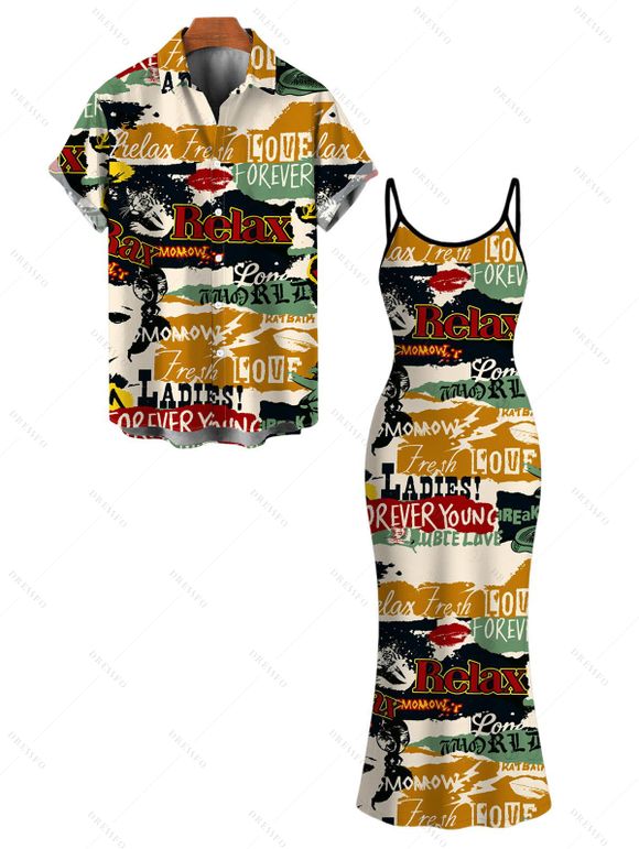 Streetwear Couple Outfit Vintage Graffiti Letter Lips Print Spaghetti Strap Maxi Bodycon Dress and Shirt Set - multicolor A S | US 4