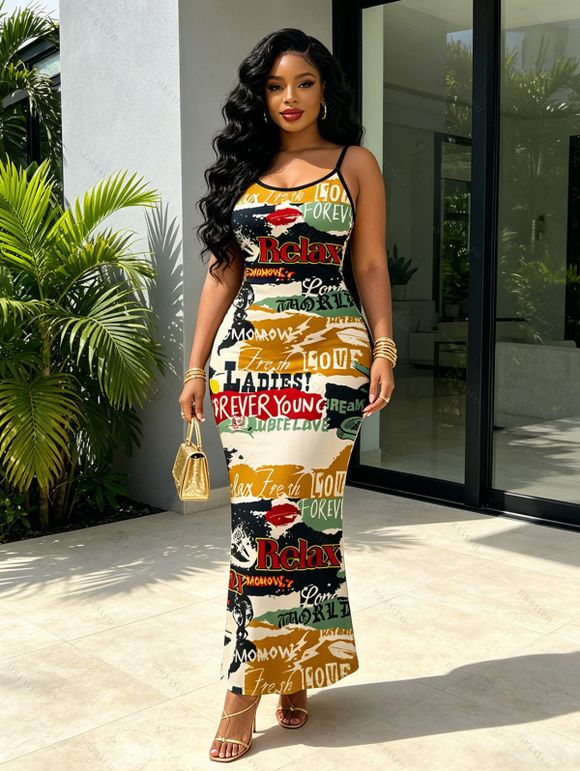Streetwear Couple Outfit Vintage Graffiti Letter Lips Print Spaghetti Strap Maxi Bodycon Dress and Shirt Set - multicolor A S | US 4