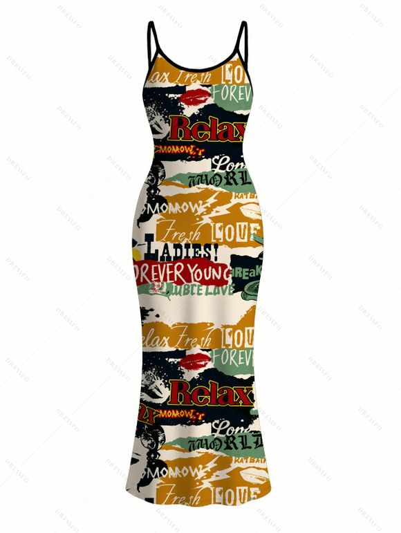 Streetwear Couple Outfit Vintage Graffiti Letter Lips Print Spaghetti Strap Maxi Bodycon Dress and Shirt Set - multicolor A S | US 4