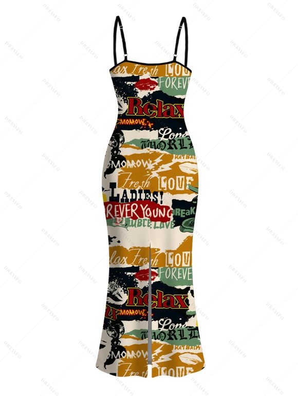Streetwear Couple Outfit Vintage Graffiti Letter Lips Print Spaghetti Strap Maxi Bodycon Dress and Shirt Set - multicolor A S | US 4