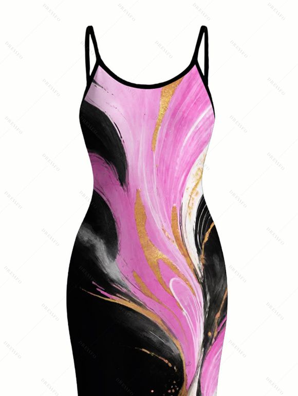 Vacation Couple Outfit Abstract Metallic Gold Ink Wash Print Spaghetti Strap Maxi Bodycon Dress and Shirt Set - Noir S | US 4