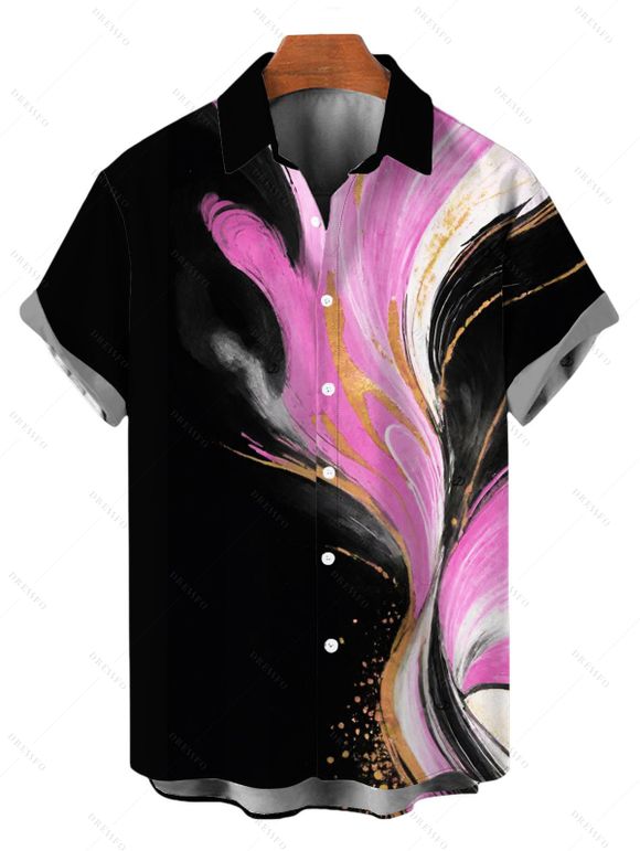 Vacation Couple Outfit Abstract Metallic Gold Ink Wash Print Spaghetti Strap Maxi Bodycon Dress and Shirt Set - Noir S | US 4