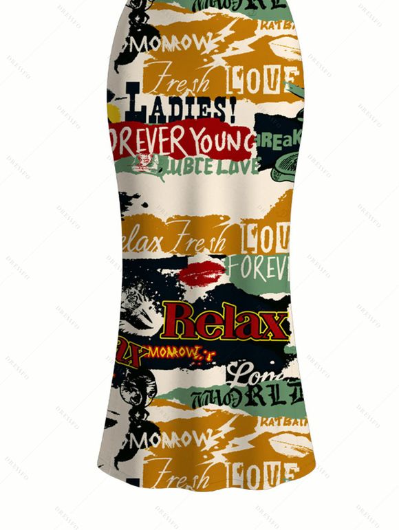 Streetwear Couple Outfit Vintage Graffiti Letter Lips Print Spaghetti Strap Maxi Bodycon Dress and Shirt Set - multicolor A S | US 4