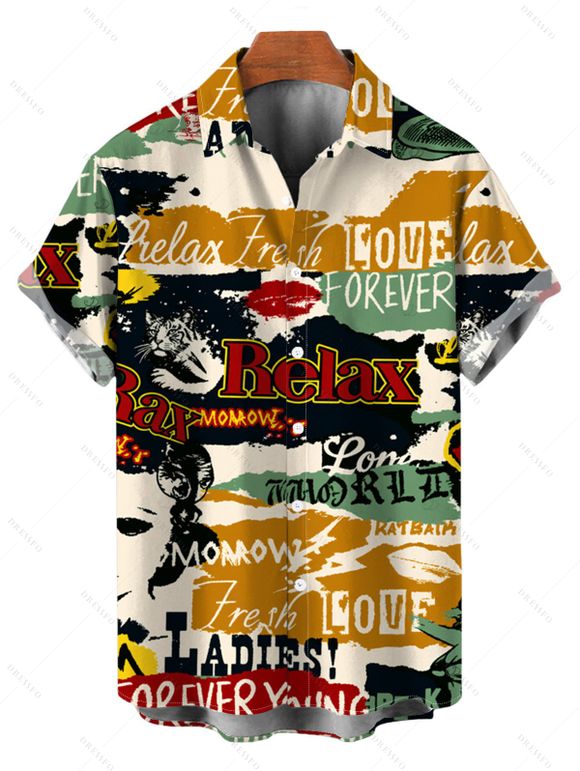 Streetwear Couple Outfit Vintage Graffiti Letter Lips Print Spaghetti Strap Maxi Bodycon Dress and Shirt Set - multicolor A S | US 4