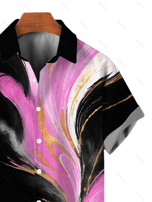 Vacation Couple Outfit Abstract Metallic Gold Ink Wash Print Spaghetti Strap Maxi Bodycon Dress and Shirt Set - Noir S | US 4