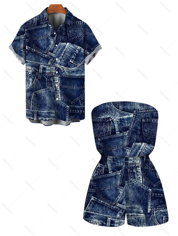 Vacation Couple Outfit 3D Faux Demin Patchwork Print Pocket Off the Shoulder Romper and Shirt Set - Bleu profond S | US 4