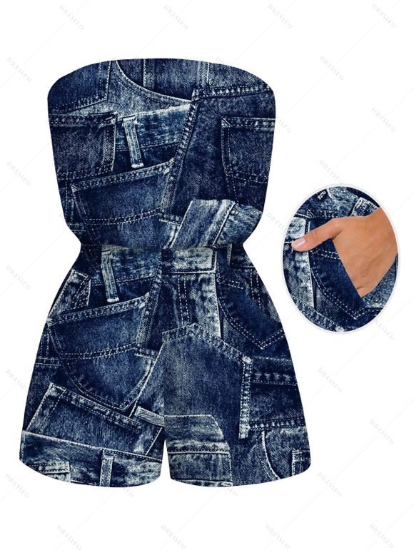 Vacation Couple Outfit 3D Faux Demin Patchwork Print Pocket Off the Shoulder Romper and Shirt Set - Bleu profond S | US 4