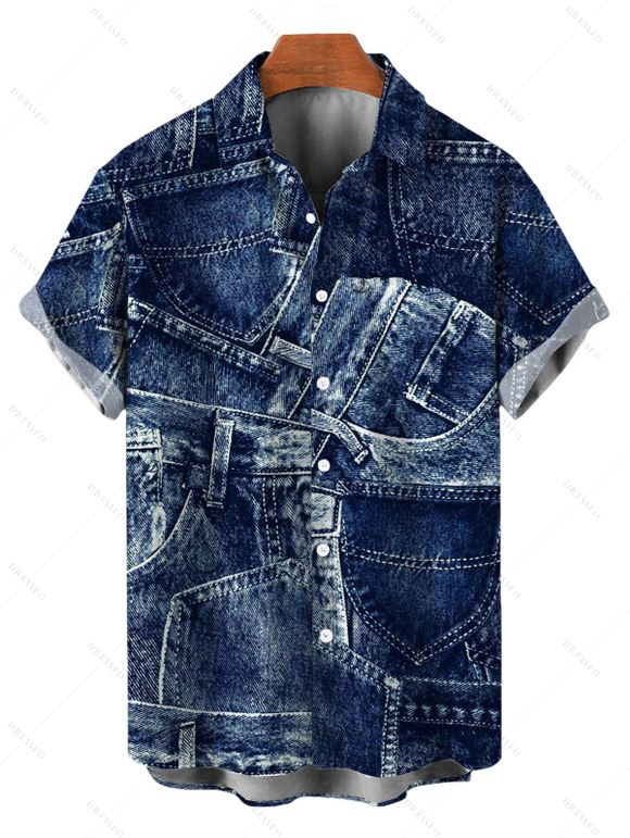 Vacation Couple Outfit 3D Faux Demin Patchwork Print Pocket Off the Shoulder Romper and Shirt Set - Bleu profond S | US 4