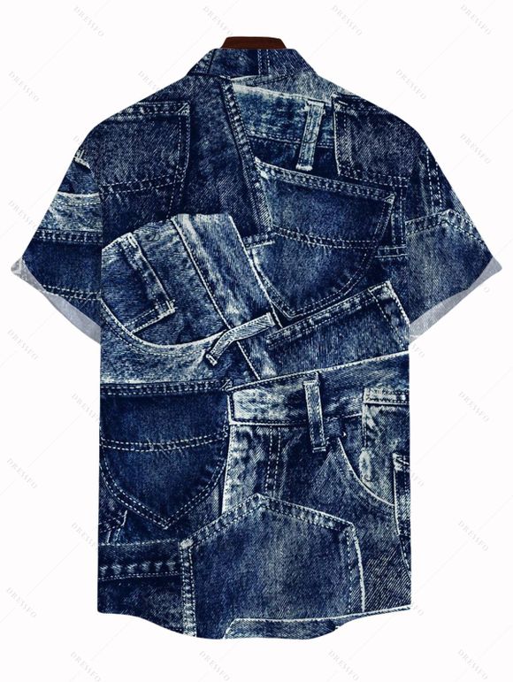 Vacation Couple Outfit 3D Faux Demin Patchwork Print Pocket Off the Shoulder Romper and Shirt Set - Bleu profond S | US 4