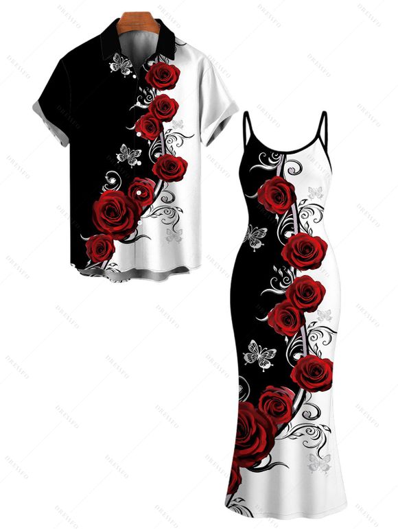 Vacation Couple Outfit Contrast Color Butterfly Rose Print Spaghetti Strap Maxi Bodycon Dress and Shirt Set - Rouge Vineux S | US 4