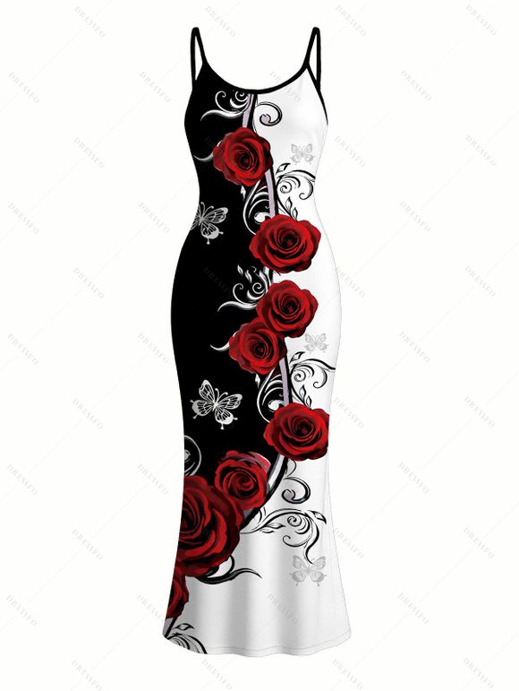 Vacation Couple Outfit Contrast Color Butterfly Rose Print Spaghetti Strap Maxi Bodycon Dress and Shirt Set - Rouge Vineux S | US 4