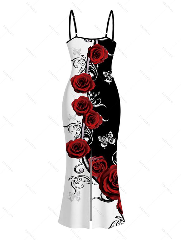 Vacation Couple Outfit Contrast Color Butterfly Rose Print Spaghetti Strap Maxi Bodycon Dress and Shirt Set - Rouge Vineux S | US 4