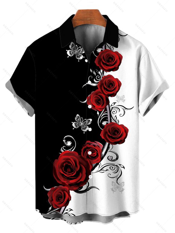 Vacation Couple Outfit Contrast Color Butterfly Rose Print Spaghetti Strap Maxi Bodycon Dress and Shirt Set - Rouge Vineux S | US 4