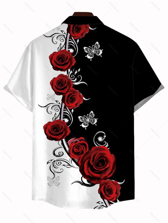 Vacation Couple Outfit Contrast Color Butterfly Rose Print Spaghetti Strap Maxi Bodycon Dress and Shirt Set - Rouge Vineux S | US 4