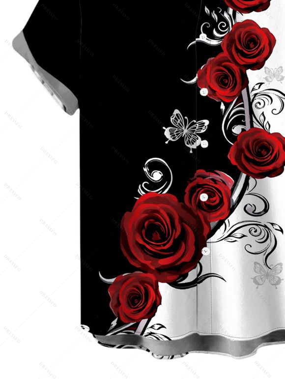 Vacation Couple Outfit Contrast Color Butterfly Rose Print Spaghetti Strap Maxi Bodycon Dress and Shirt Set - Rouge Vineux S | US 4