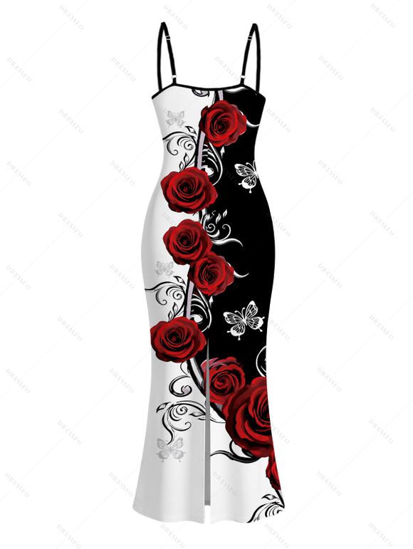 Vacation Dress Contrast Color Butterfly Rose Print Spaghetti Strap Maxi Bodycon Dress - Rouge Vineux S | US 4