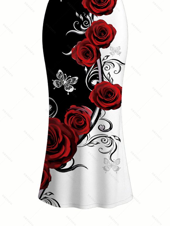 Vacation Dress Contrast Color Butterfly Rose Print Spaghetti Strap Maxi Bodycon Dress - Rouge Vineux S | US 4