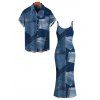 Casual Couple Outfit 3D Faux Denim Patchwork Print Spaghetti Strap Maxi Bodycon Dress and Shirt Set - Bleu Toile de Jean S | US 4