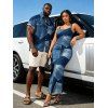 Casual Couple Outfit 3D Faux Denim Patchwork Print Spaghetti Strap Maxi Bodycon Dress and Shirt Set - Bleu Toile de Jean S | US 4