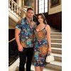 Bohemian Couple Outfit Celestial Sun Moon Ethnic Print Spaghetti Strap Mini Dress and Shirt Set - multicolor S | US 4