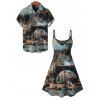 Vacation Couple Outfit Vintage European Water Town Oil Painting Print Spaghetti Strap Mini Dress and Shirt Set - multicolor S | US 4