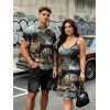 Vacation Couple Outfit Vintage European Water Town Oil Painting Print Spaghetti Strap Mini Dress and Shirt Set - multicolor S | US 4