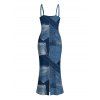 Casual Dress Faux Denim Patchwork Print Spaghetti Strap Maxi Bodycon Dress - Bleu Toile de Jean XL | US 12