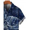 Men's Vacation Shirt Faux Demin Patchwork Print Button Up Shirt - Bleu profond 3XL