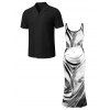 Vacation Couple Outfit Fluid Swirl Abstract Print Spaghetti Strap Maxi Bodycon Dress and Solid Color Geometric Hollow Out Shirt Set - Noir S | US 4