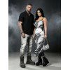 Vacation Couple Outfit Fluid Swirl Abstract Print Spaghetti Strap Maxi Bodycon Dress and Solid Color Geometric Hollow Out Shirt Set - Noir S | US 4