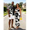 Casual Couple Outfit Abstract Irregular Geometric Print Spaghetti Strap Maxi Bodycon Dress and Contrast Color Shirt Set - Noir S | US 4