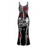 Gothic Couple Outfit Skeleton Skulls Rose Print Spaghetti Strap Maxi Bodycon Dress and Shirt Set - Noir S | US 4