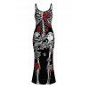 Gothic Dress Skeleton Skulls Rose Print Spaghetti Strap Maxi Bodycon Dress - Noir XXL | US 14