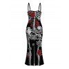 Gothic Dress Skeleton Skulls Rose Print Spaghetti Strap Maxi Bodycon Dress - Noir XXL | US 14