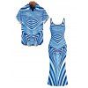 Bohemian Couple Outfit Colorblock Heart Shaped Swirl Geometric Print Spaghetti Strap Maxi Bodycon Dress and Shirt Set - Bleu S | US 4