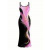 Vacation Dress Abstract Metallic Gold Ink Wash Print Spaghetti Strap Maxi Bodycon Dress - Noir XXL | US 14